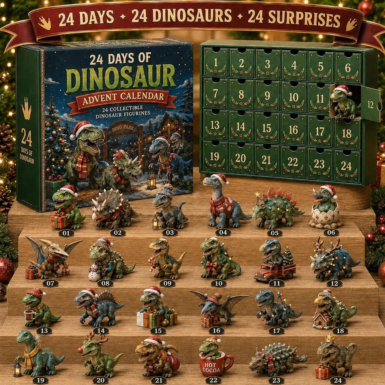 24 Tage Dinosaurier-Weihnachts-Adventskalender – 24 Sammelfiguren von Dinosauriern & weihnachtliche Überraschungen 0