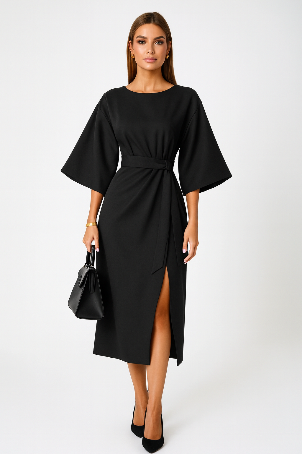 Damen Midikleid mit Gürtel | A-Linie mit Glockärmel