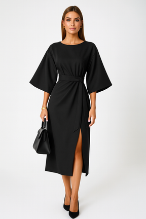 Damen Midikleid mit Gürtel | A-Linie mit Glockärmel