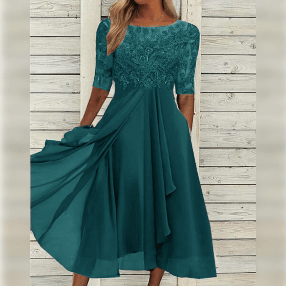 Damen Midikleid | Besticktes Oberteil mit kurzen Ärmeln