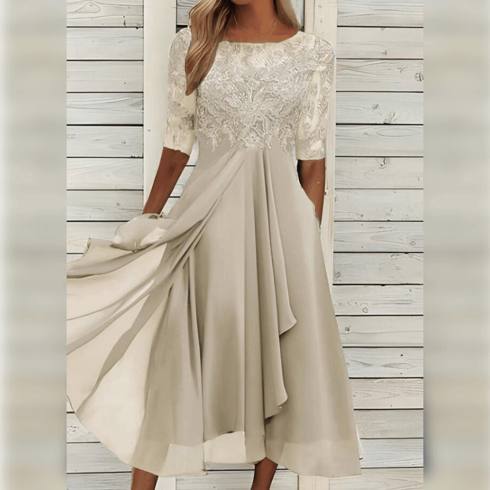 Damen Midikleid | Besticktes Oberteil mit kurzen Ärmeln