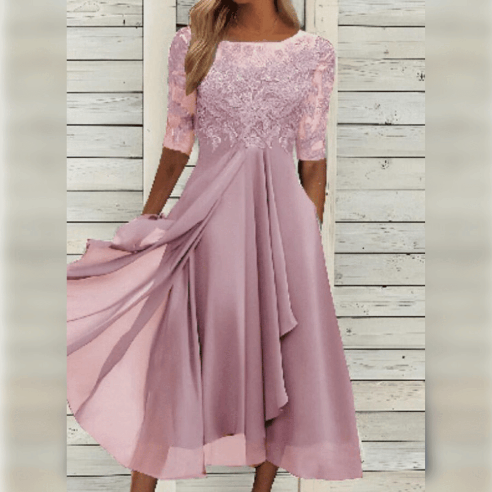 Damen Midikleid | Besticktes Oberteil mit kurzen Ärmeln