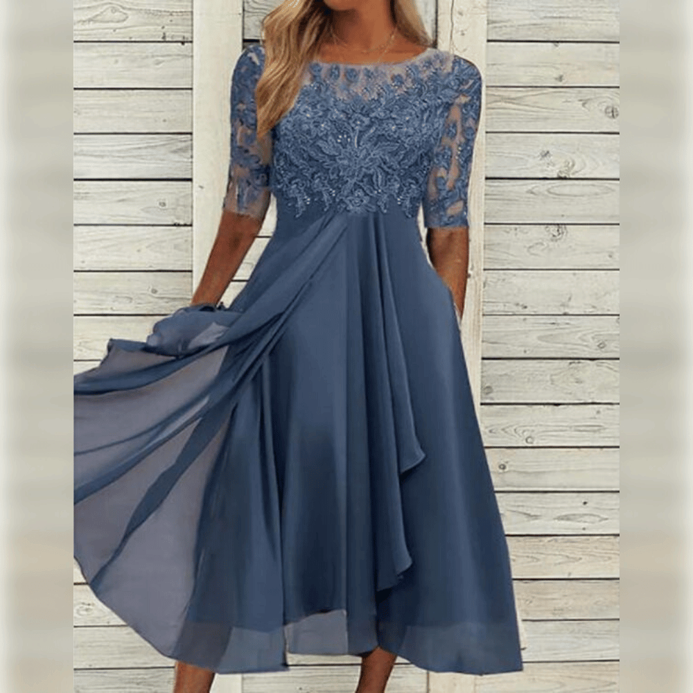 Damen Midikleid | Besticktes Oberteil mit kurzen Ärmeln