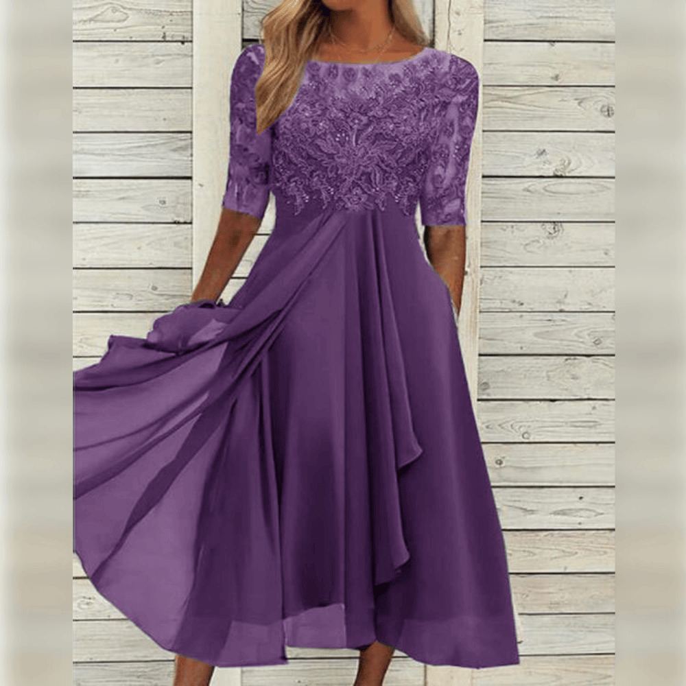 Damen Midikleid | Besticktes Oberteil mit kurzen Ärmeln