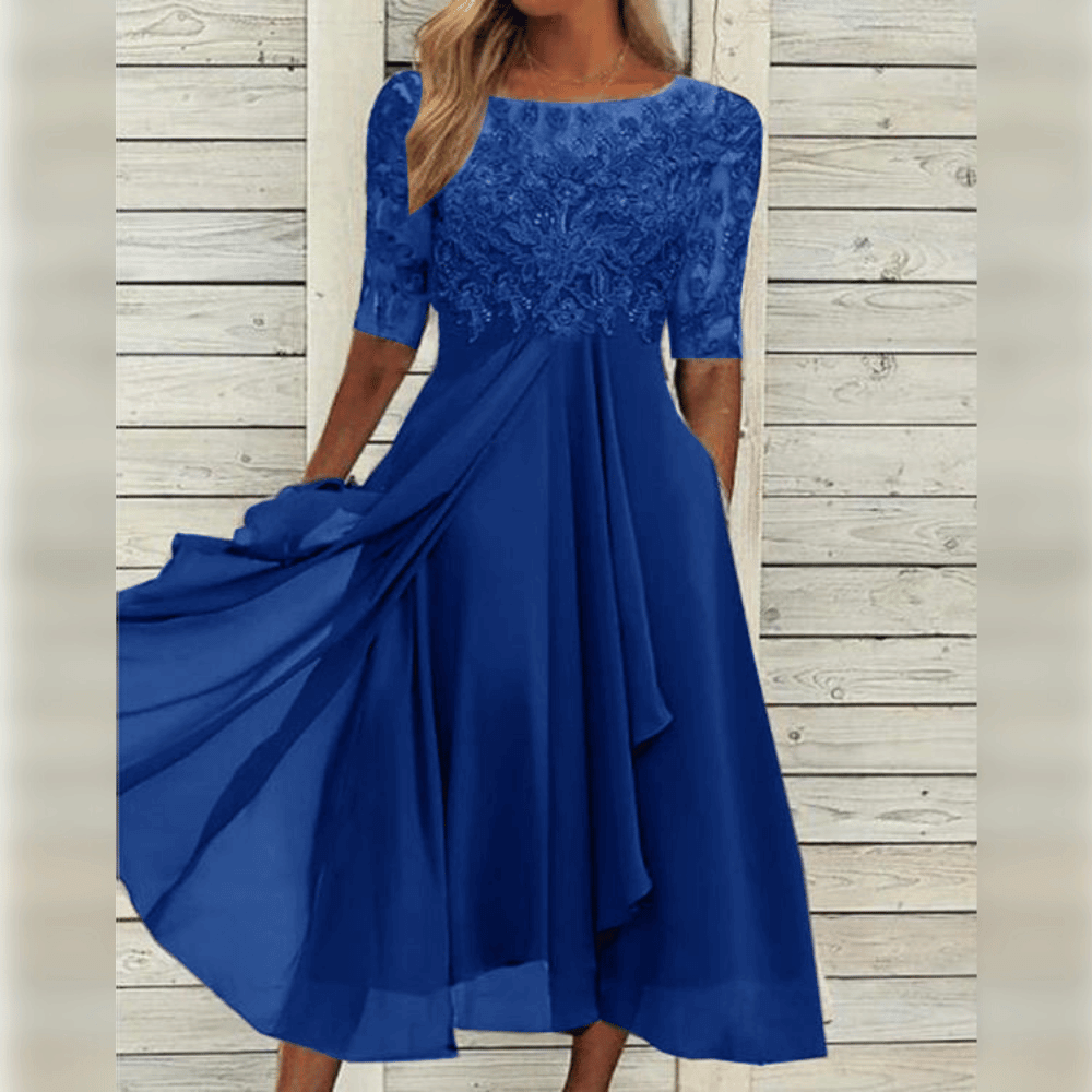 Damen Midikleid | Besticktes Oberteil mit kurzen Ärmeln