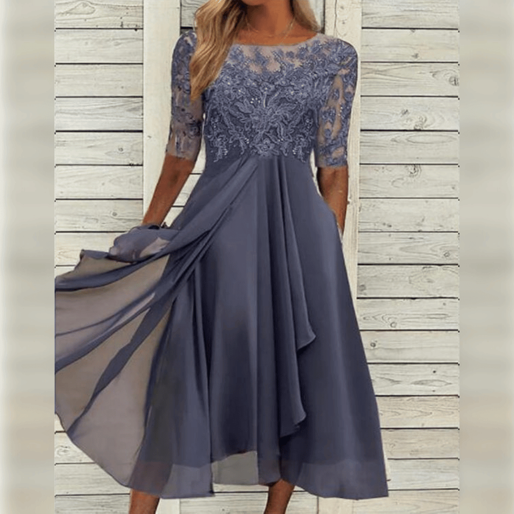 Damen Midikleid | Besticktes Oberteil mit kurzen Ärmeln