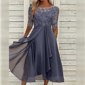 Damen Midikleid | Besticktes Oberteil mit kurzen Ärmeln