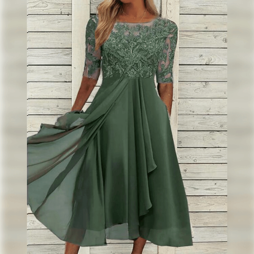 Damen Midikleid | Besticktes Oberteil mit kurzen Ärmeln
