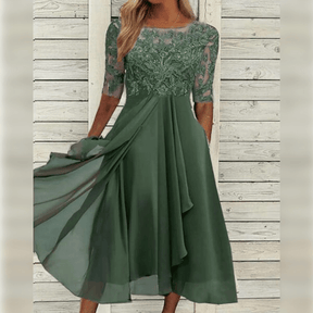 Damen Midikleid | Besticktes Oberteil mit kurzen Ärmeln
