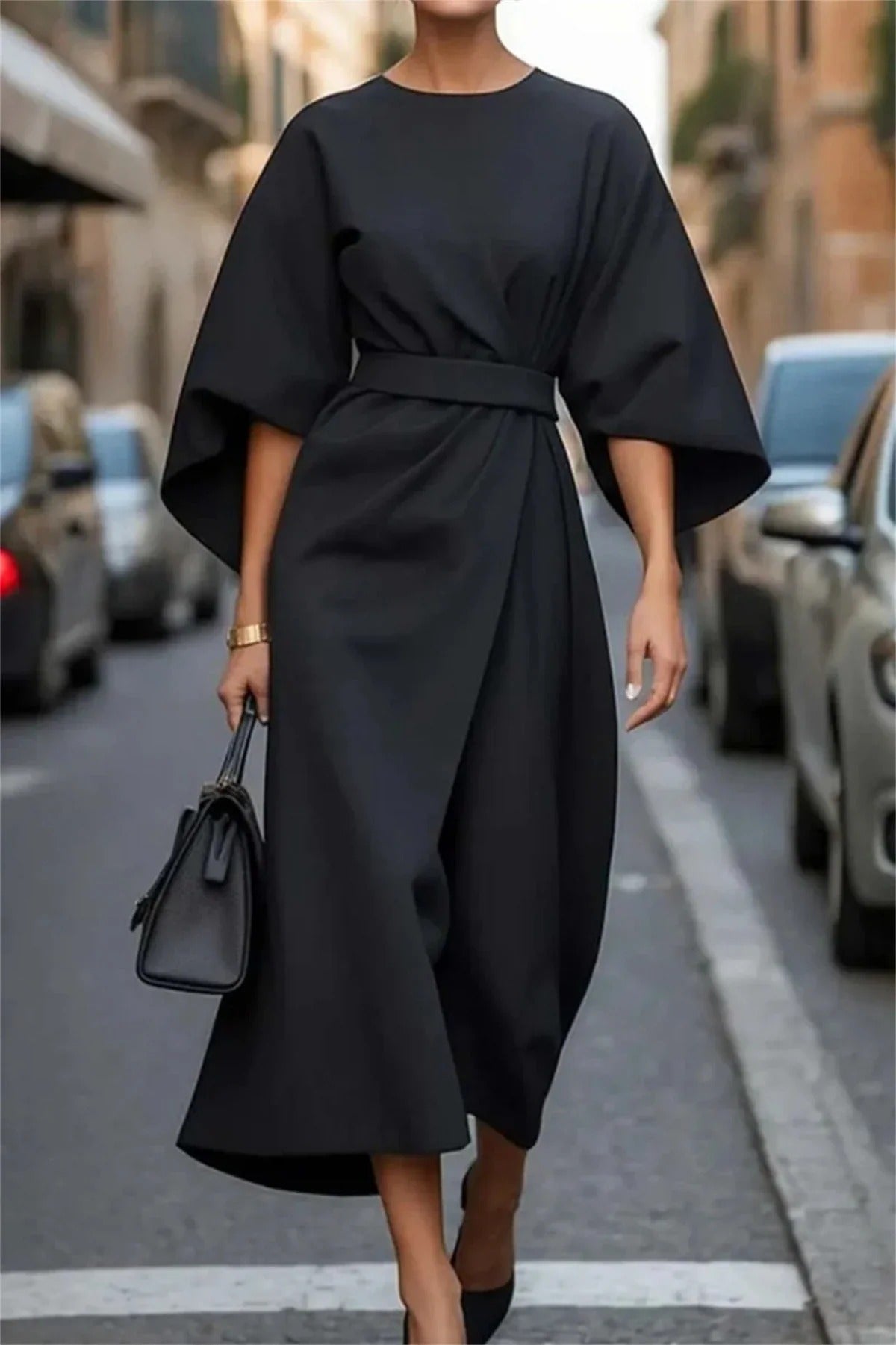 Damen Midikleid mit Gürtel | A-Linie mit Glockärmel
