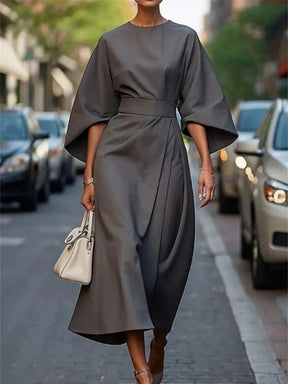 Damen Midikleid mit Gürtel | A-Linie mit Glockärmel