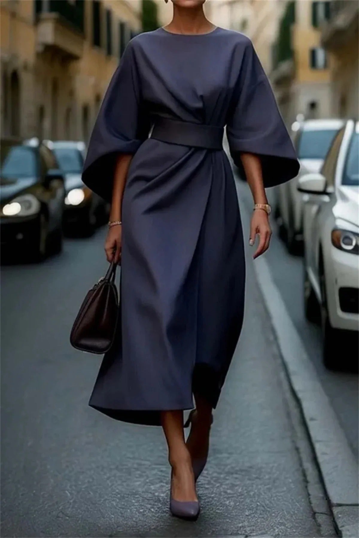 Damen Midikleid mit Gürtel | A-Linie mit Glockärmel