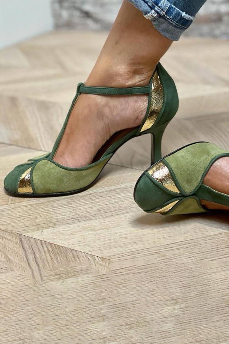 Taviana | Patchwork-High Heels mit T-Riemen und geschlossener Spitze