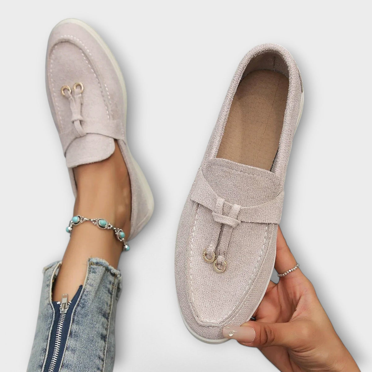 Damen Mokassins Beige mit dekorativem Schnürsenkel