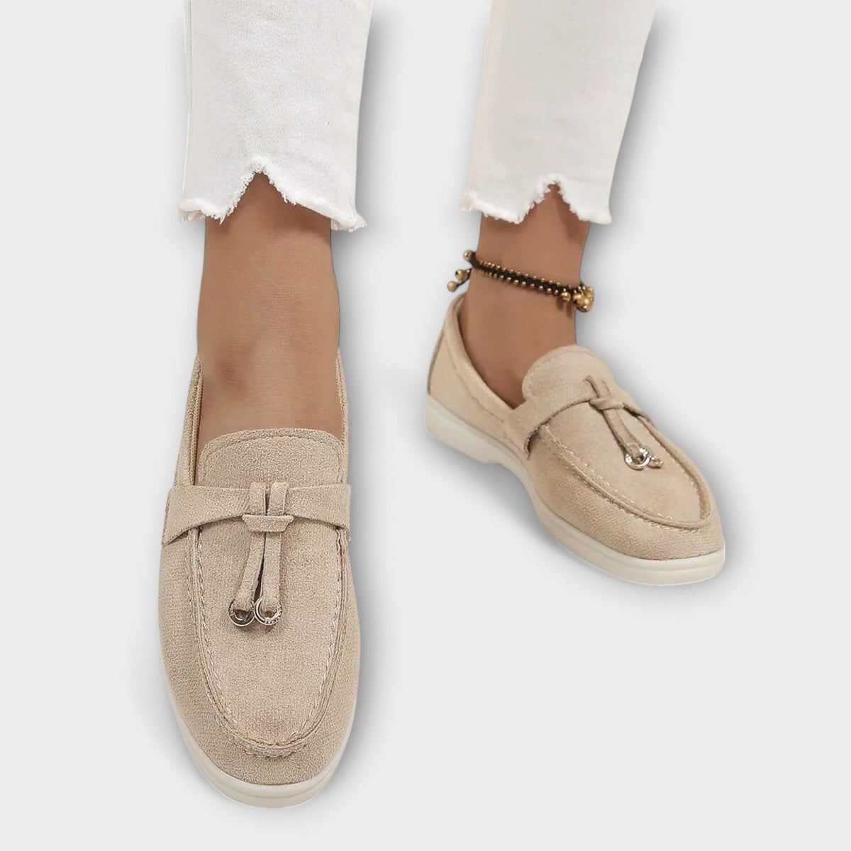 Damen Mokassins Beige mit dekorativem Schnürsenkel
