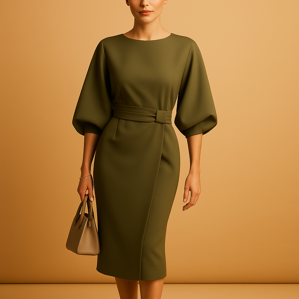 Damen Midikleid in A-Linie | Taillengürtel und weiti Ärmel
