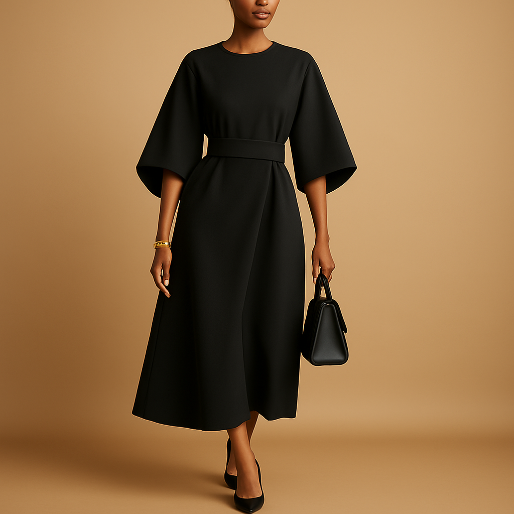 Damen Midikleid in A-Linie | Taillengürtel und weiti Ärmel