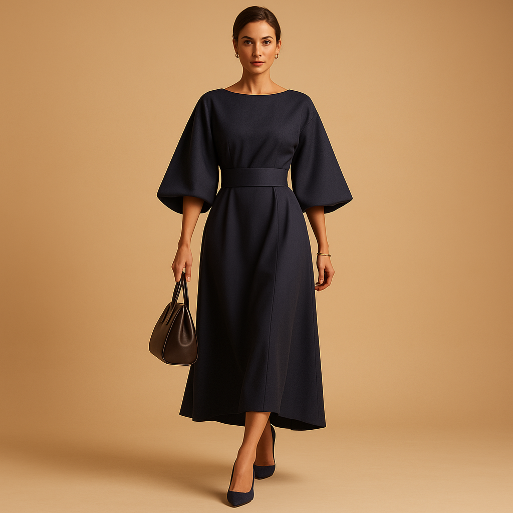 Damen Midikleid in A-Linie | Taillengürtel und weiti Ärmel